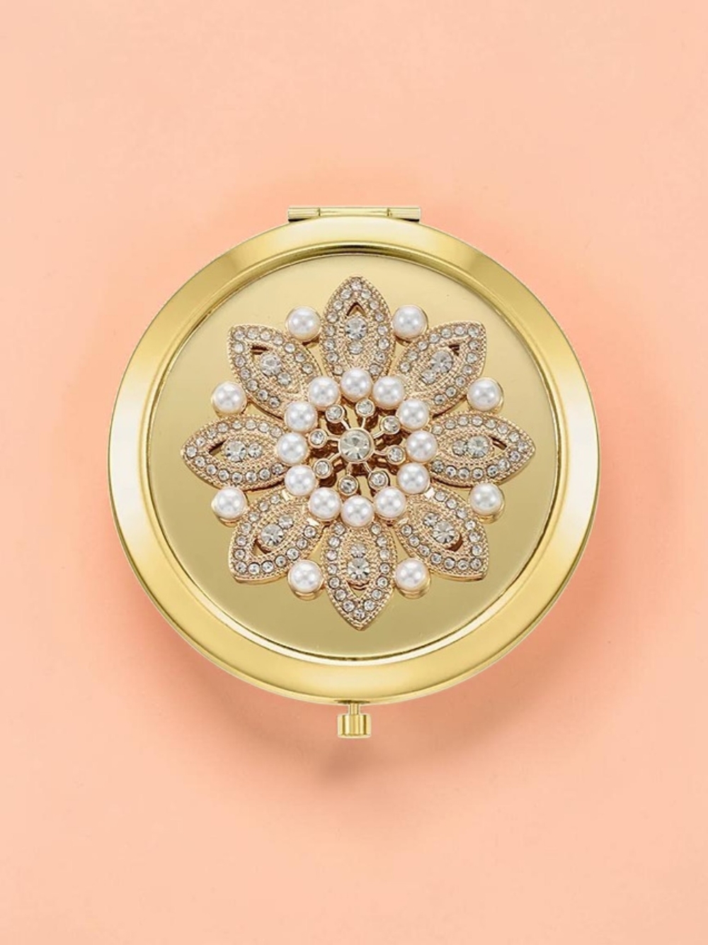 NWT Monet Jewelry Gold Tone Flower & Pearls Snap Compact Mirror with Box 2.75" - Picture 2 of 6